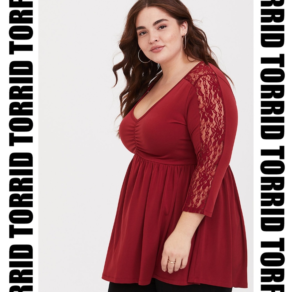 Torrid - Dark Red Studio Knit & Lace Babydoll Top